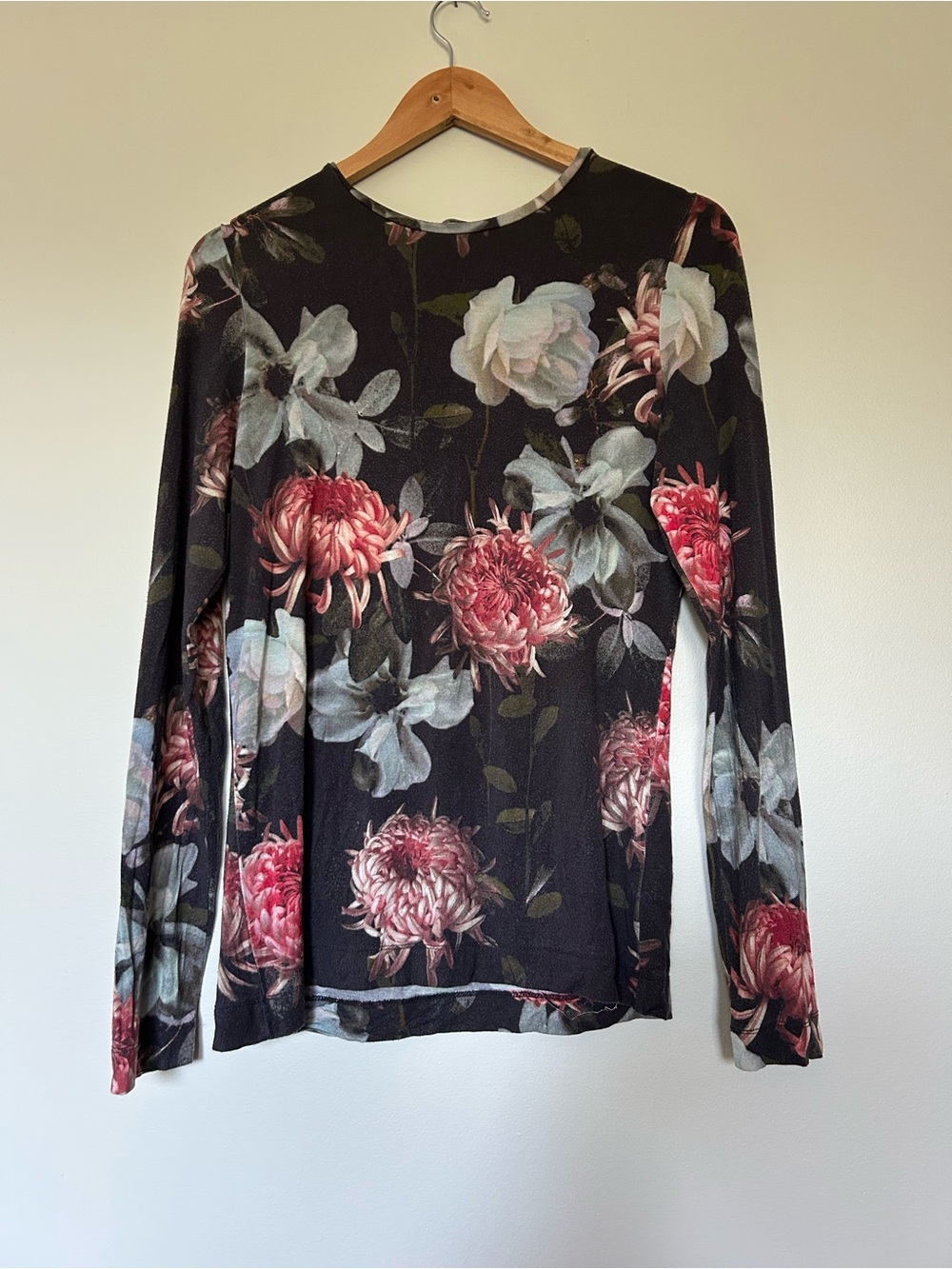 Simons Black Long Sleeve Top with Pink and Cream Floral Print